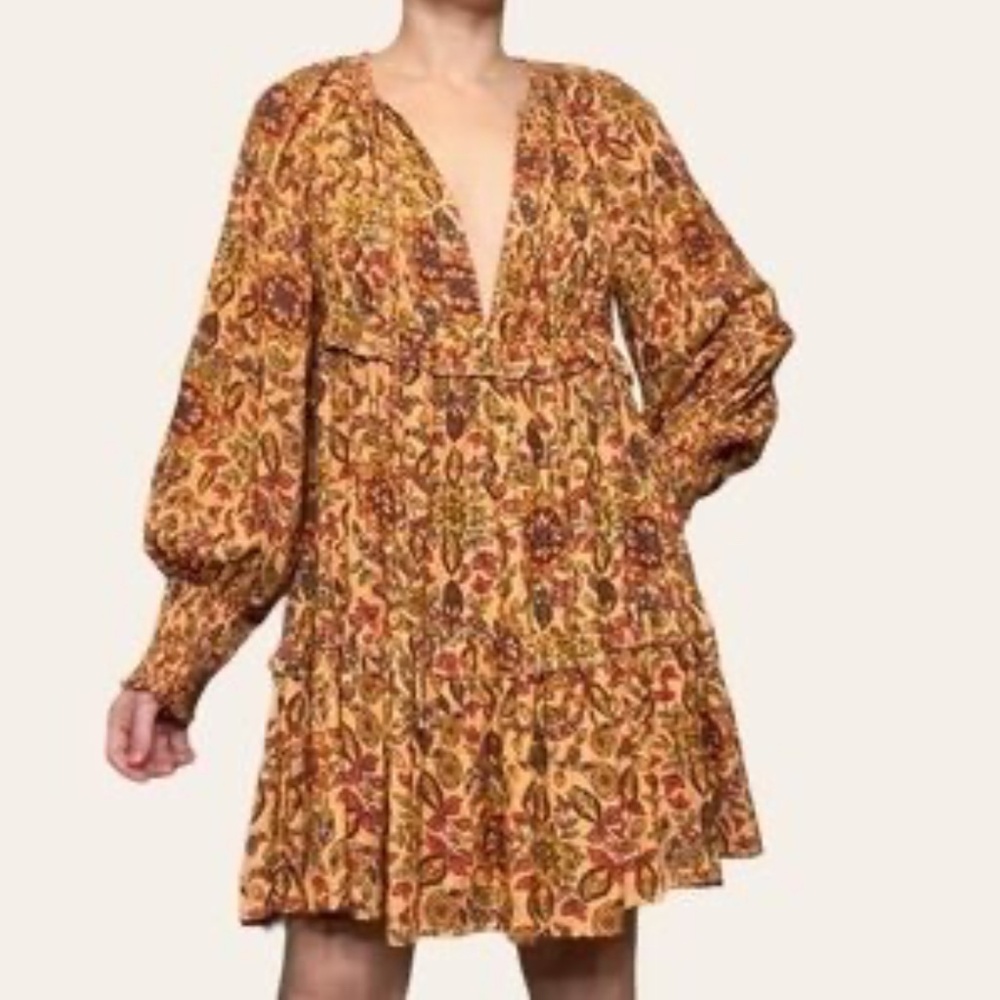 HOUSE of HARLOW Gold Autumnal Floral Tiered Tie-Neck Mini Dress - Sz. S